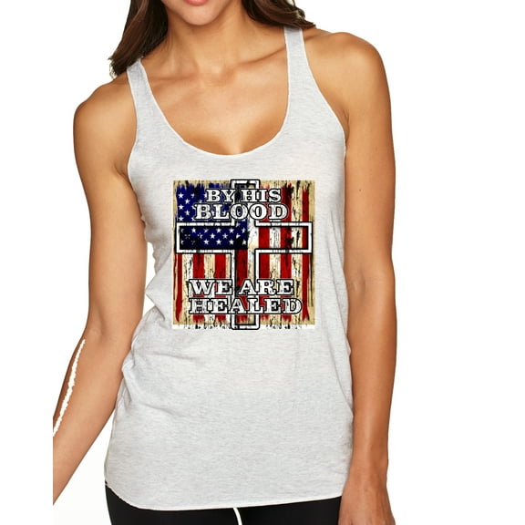 Wild Bobby, By His Blood We Are Healed Inspirational/Christian Tri-Blend Racerback Tank Top, Heather White, Medium