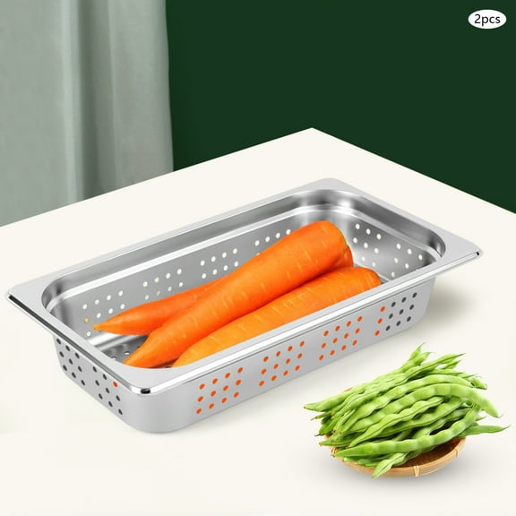 Modern Silver 2-Pack 1/3 Size 2" Deep, Anti-Jam Perforated 201 Stainless Steel Steam Table Pan, Hotel Pan