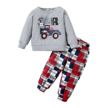 

KIMI BEAR Newborn Baby Boys Outfits 9 Months Newborn Boy Autumn Outfits 12 Months Newborn Boy Cute Little Car Print Round Neck Long Sleeve Top + Pants 2PCs Set Gray
