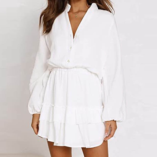Fankiway Clearance Long Sleeve Dresses Women'S Long Sleeved Lantern Sleeve V-Neck Button Ruffle Layered Color Mini Dress Womens Dresses Plus Size Clearance