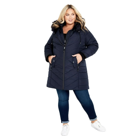 Avenue Women's Plus Size Chevron Faux Fur Hood Long Puffer Coat