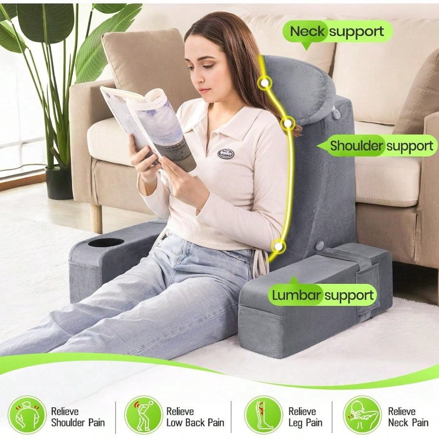 Reading Pillow For Adults Back Pillow For Bed Sitting Up Backrest Pillow For Sitting In Bed Detachable Arms With Builtin Cup Phone Caddy Gray 19 INCH
