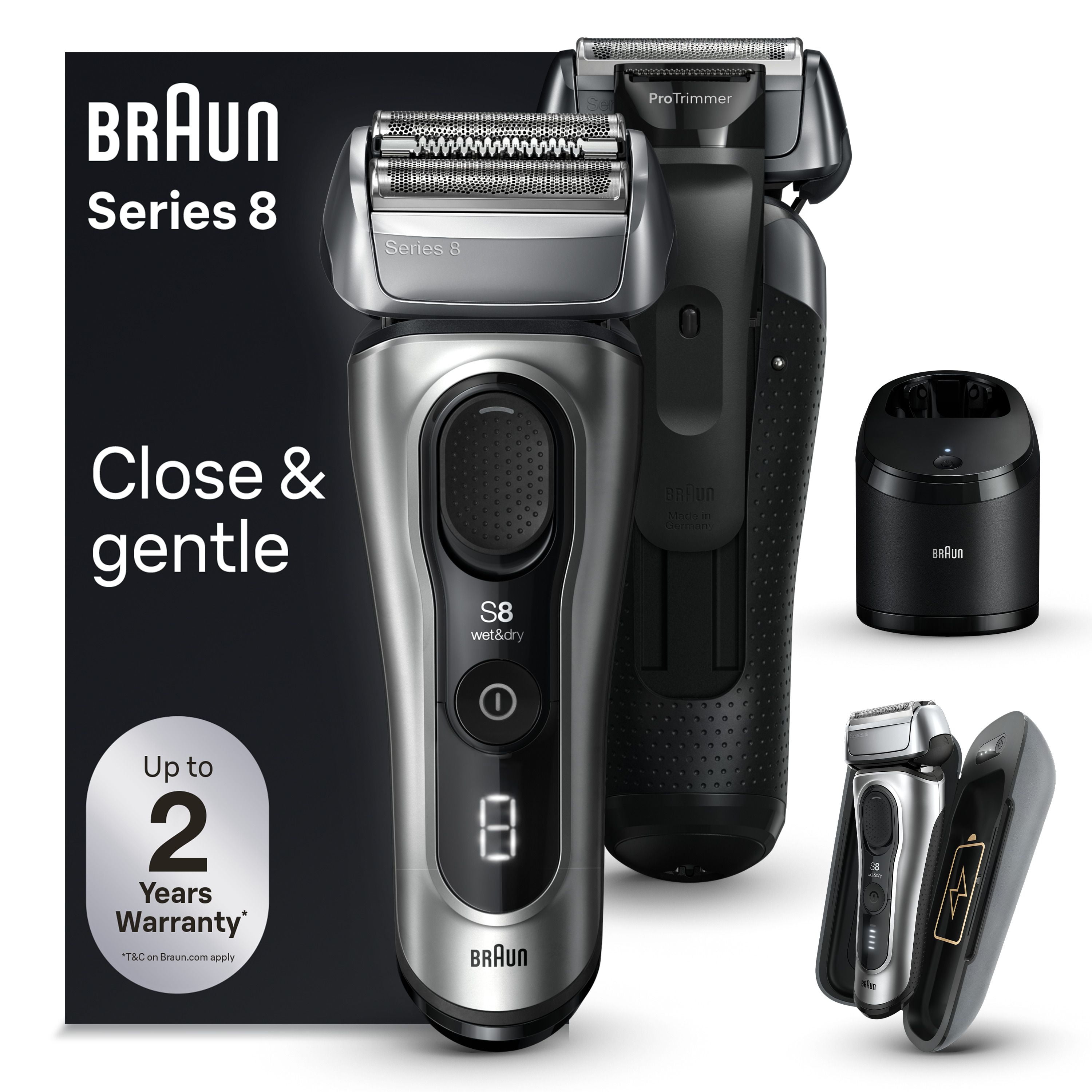 Rasoir électrique Braun Series 8, 4+1 éléments & tondeuse de précision pour poils longs, centre SmartCare 5 en 1, de près & en douceur même sur les barbes denses, étui pour chargement mobile, peau sèc