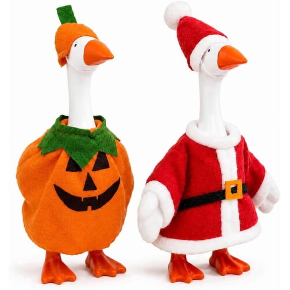 Desk Goose Outfits 7 Inch, 2 Pack Halloween & Christmas Clothes for Mini Desktop Goose Statue, Pumpkin & Santa Holiday Costume Set