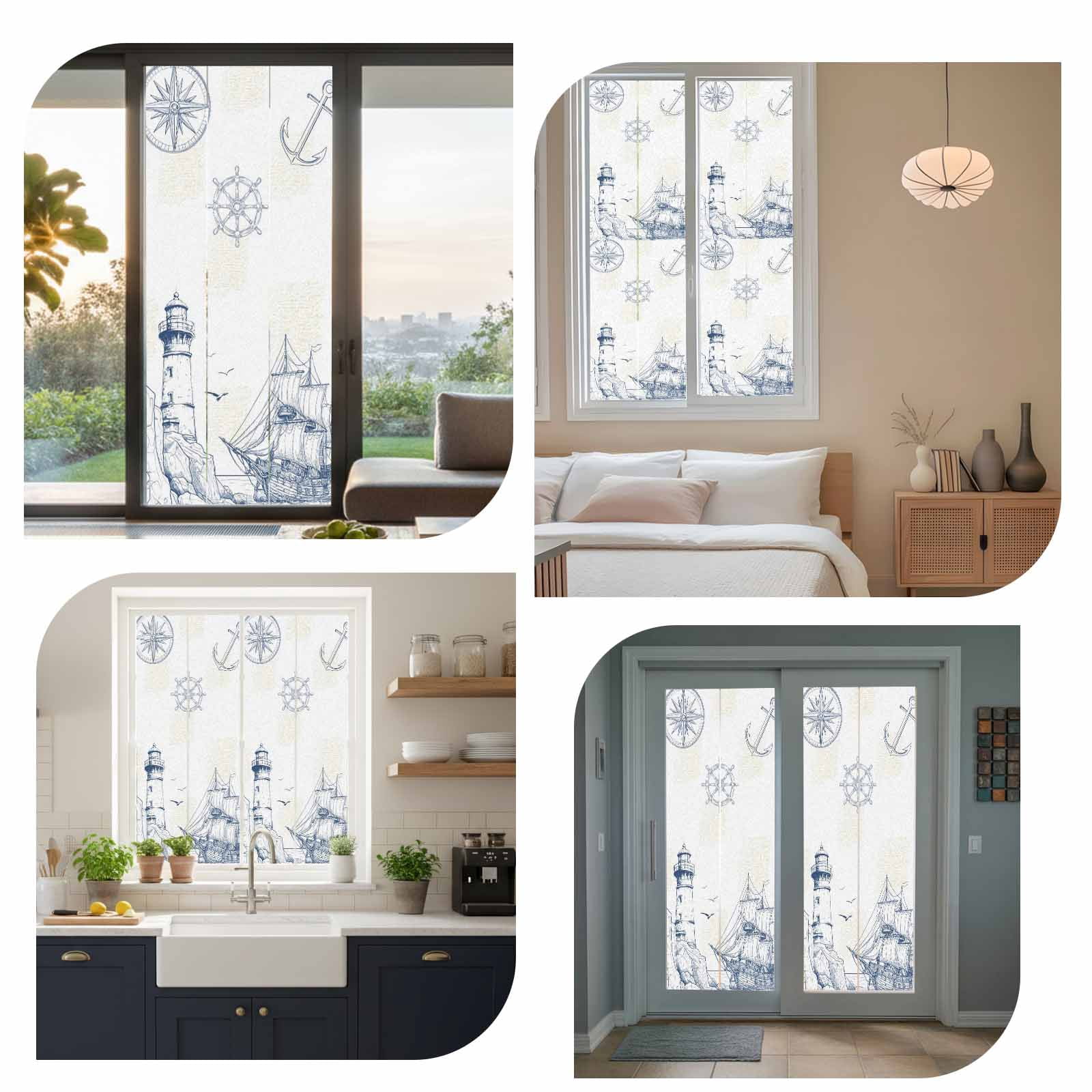 Lighthouse Sailboat Seagull Window Privacy Film, Nautical Ship Ocean Blue Sketch Frosted Glass Window Clings Static Cling UV Heat Blocking Reusable Door Sticker for Bathroom 23.6 x 59 Inch
