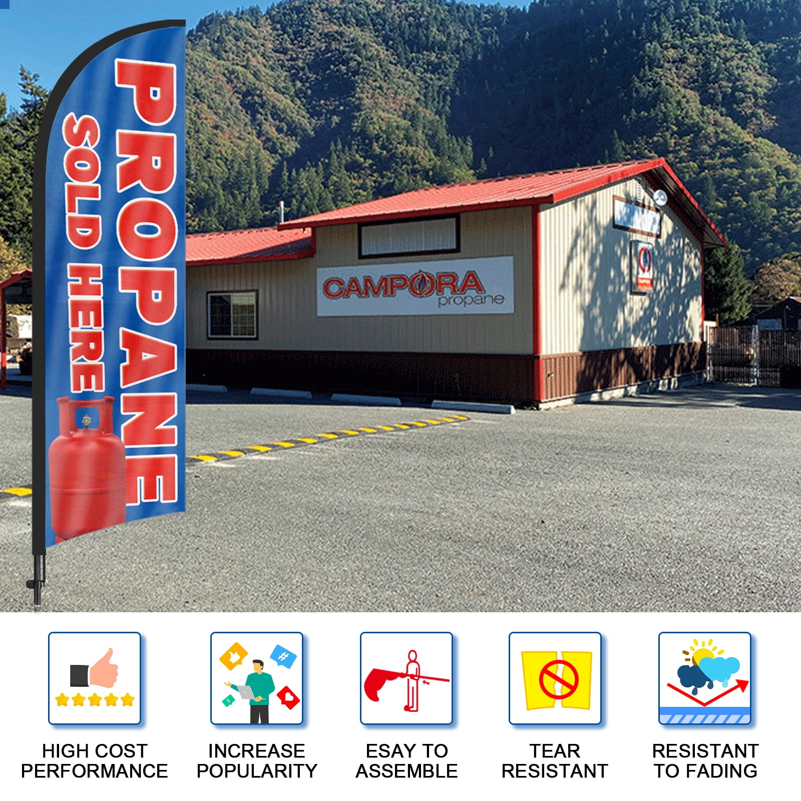 QSUM Propane Sold Here Sign Feather Flag with Pole Kit,7FT Propane Sold Here Decoration Display, Propane Sold Here Business Sign,Propane Sold Here Swooper Flag