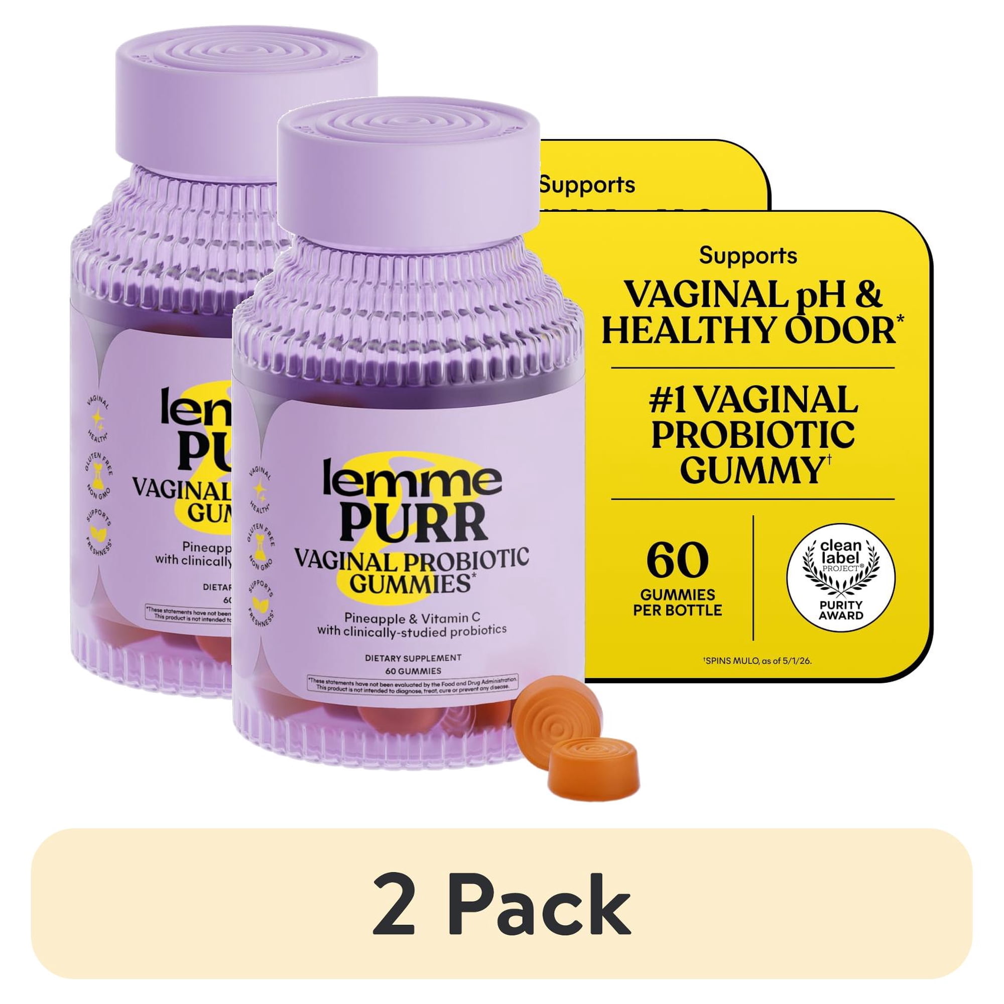 (2 pack) Lemme Purr Vaginal Probiotic Gummies for Women - Promotes pH Balance, Healthy Vaginal Odor & Urinary Tract Health w/Lactobacillus Blend, Pineapple & Vitamin C, 60 Count