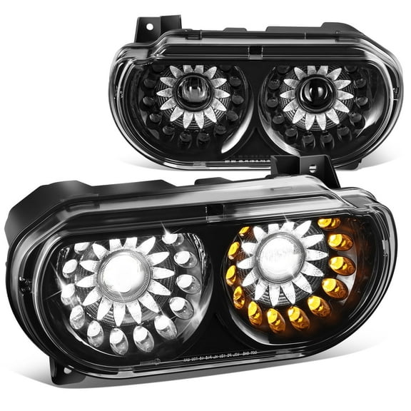 DNA Motoring LED DRL Turn Signal Projector Headlights for 08-14 Dodge Challenger, Black