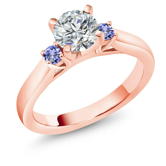 Gem Stone King 18K Rose Gold Plated Silver Lab Grown Diamond and Blue Tanzanite Engagement Ring for Women | 0.90 Cttw | Round 6MM | Gemstone April Birthstone | Size 7