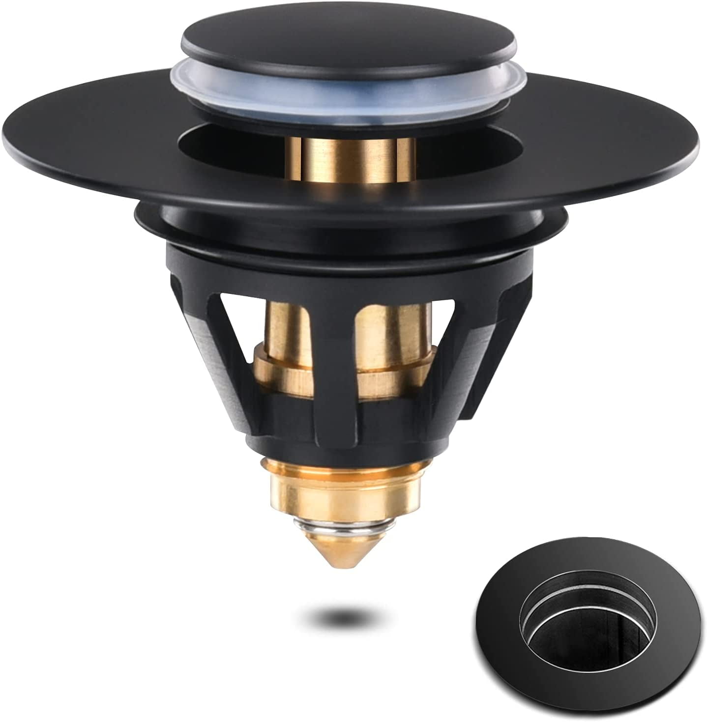 VirgilSon Black Sink Stopper Bath Plug Strainer Hair Catcher Pop Up Plugs,Universal Wash Basin Bounce Stainless Steel Push-Type Core No Overflow Drain with Basket for Kitchen and Bathroom(34-38mm)