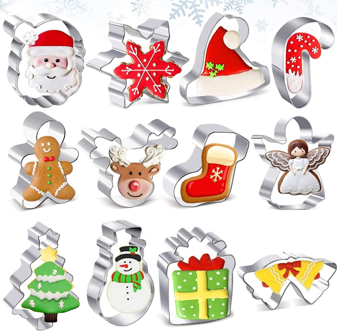 Juego De 12 Cortadores De Galletas Navideños De Acero Inoxidable | Formas: Papá Noel, Reno, Muñeco De Nieve, Árbol, Etc.