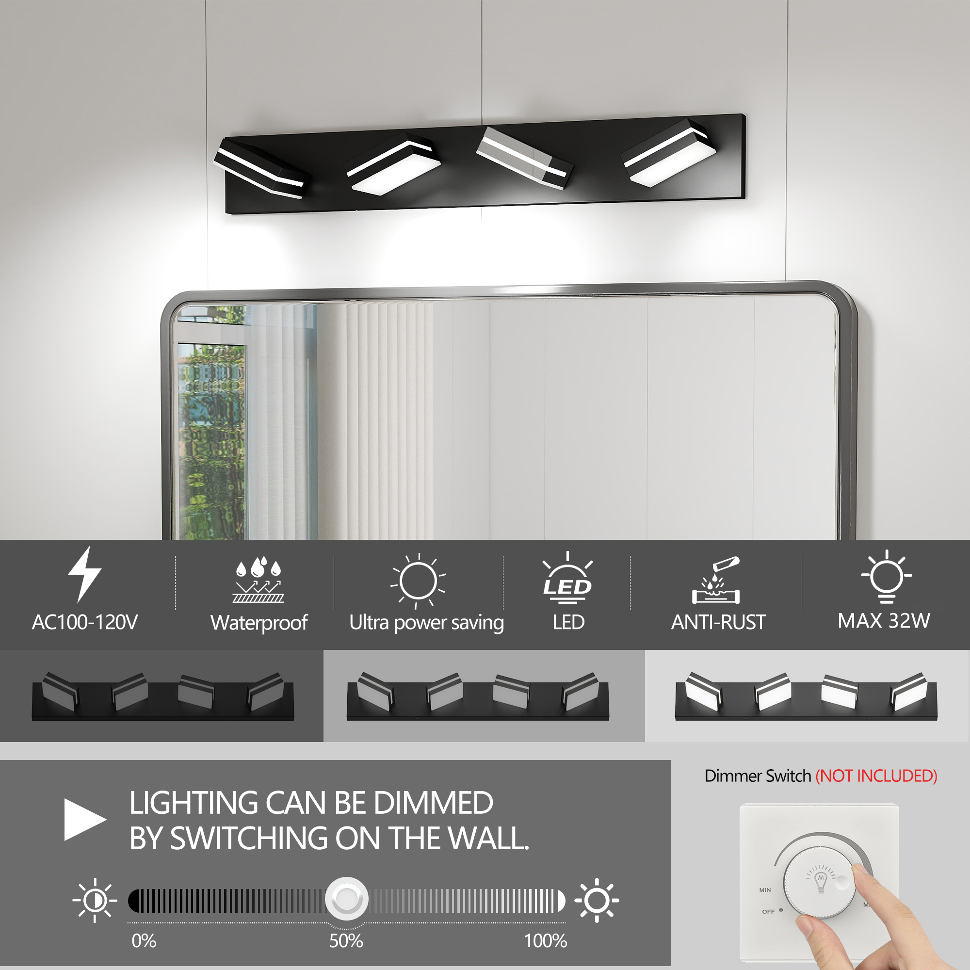 Leumius Modern 4-Light LED Vanity Light, Sleek Minimalist Design, Energy-Efficient, Easy to Install Wall Sconce for Mirror, Bathroom, Bedroom and Hallway Black