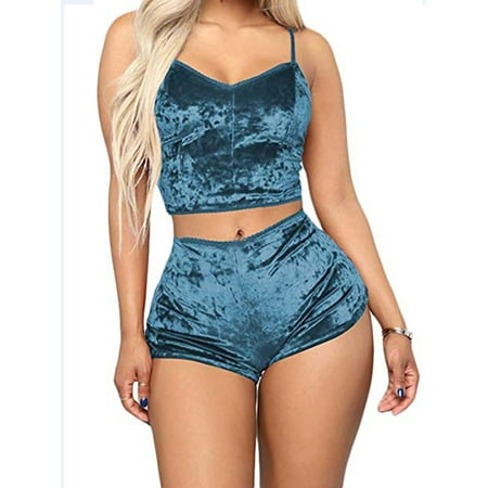 

Women Off Shoulder Sexy 2PCS Lingerie Set Slim Solid Color Sling Crop Top Camisole and Elastic Band Shorts Summer Sleepwear Set