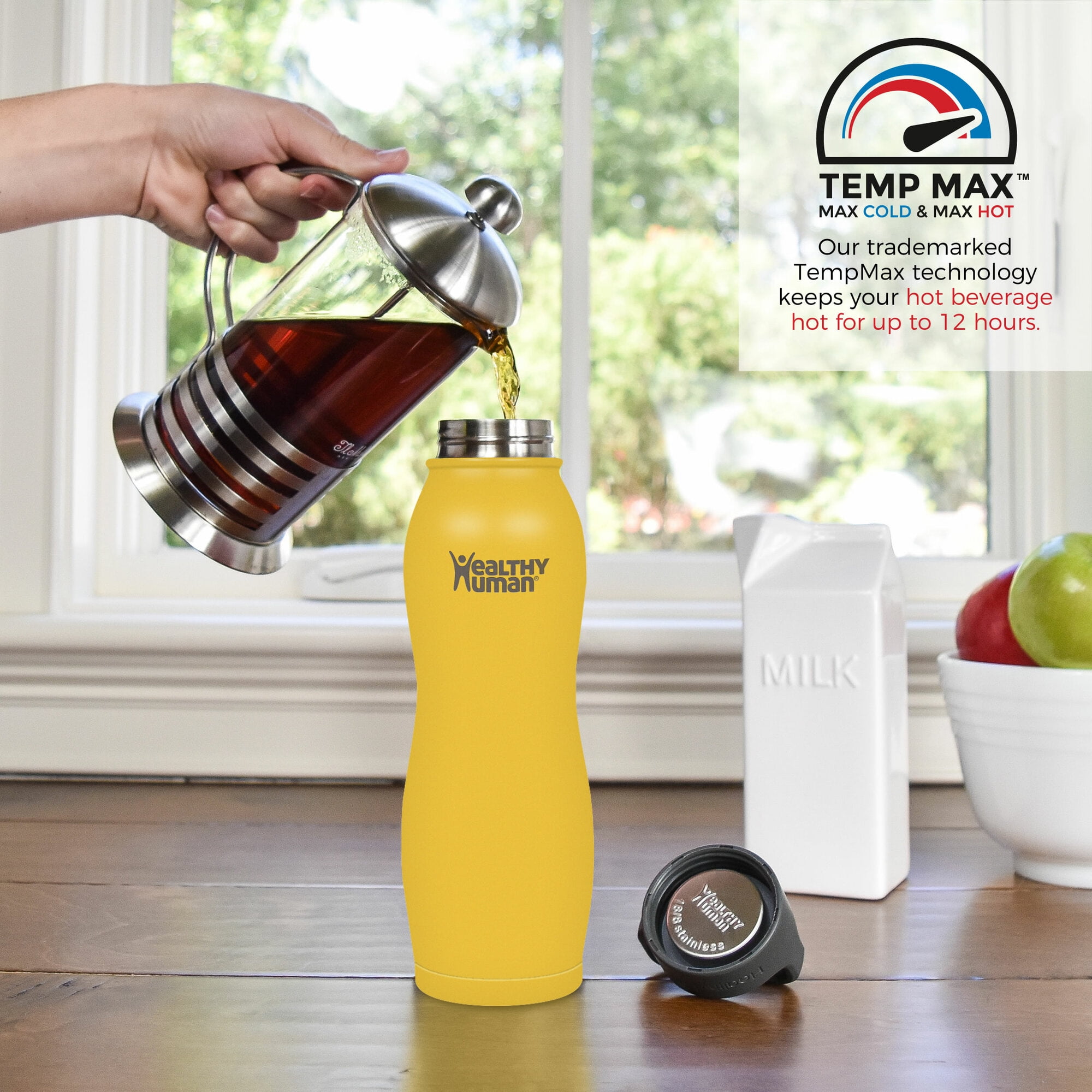 Healthy Human Stainless Steel Curve Water Bottle | 100% BPA Free Thermos for Kids & Adults | Double Walled Vacuum Insulated | Metal Bottles with Leak Proof Lid (21 oz/ 621 ML, Limoncello)