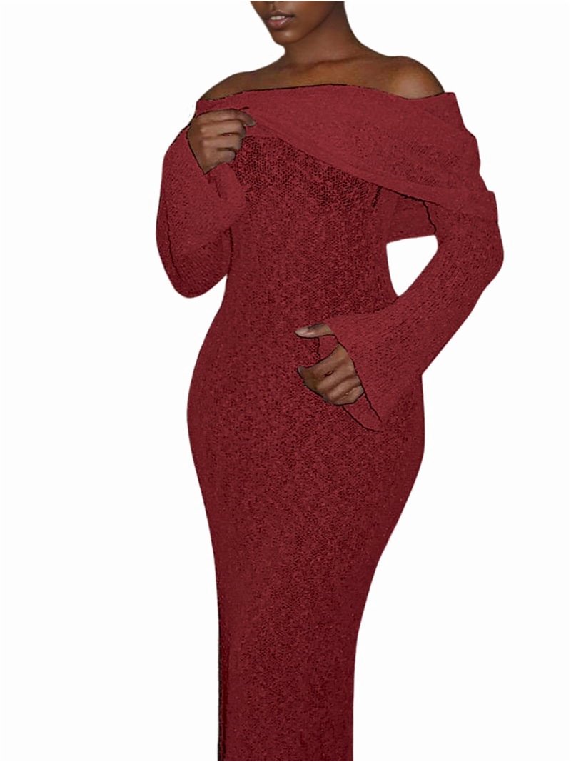 Women'S Fall Off Shoulder Bodycon Sweater Dress Formal Long Sleeve Elegant  Club Party Midi Maxi Dresses Wine Red L - Walmart.com