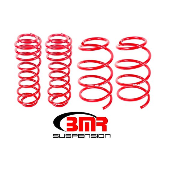 Fits 2005-2014 Ford Mustang BMR Suspension Lowering Kit SP068R Drag Race; 1.5 Inch Front/Rear Drop; Red; Shocks Not Included; With Four Lowering Springs