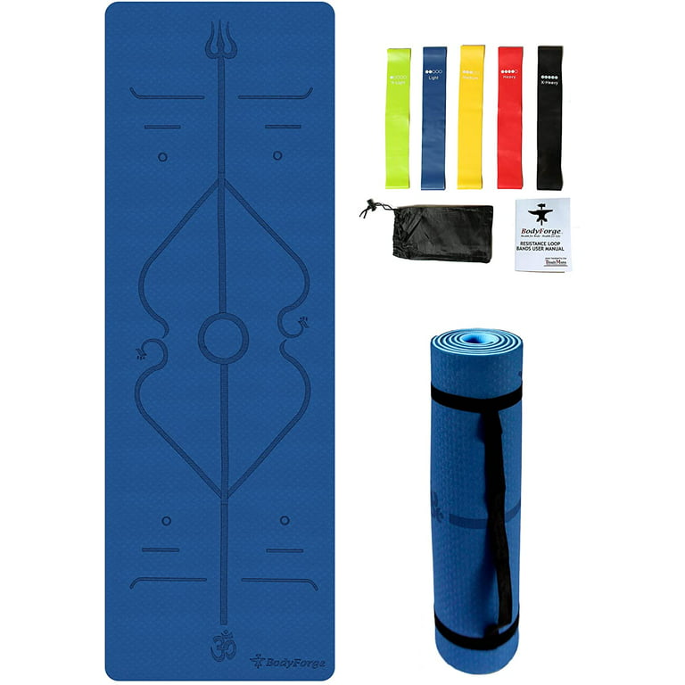 averPak Bundle YMRB1 - BodyForge Thick 8mm 2 sided Eco Friendly TPE Light  Weight Non-Slip Anti-Tear Yoga Mat with Alignment Lines (Blue/Light Blue)  and Carrying Strap with Resistance Bands Set 