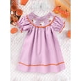 thumbnail image 2 of Zehjuhan Baby Girl's Adorable Party Dress with Pumpkin Embroidery & Bow Ruffle Sleeve Holiday Outfit Purple，3-6M, 2 of 10