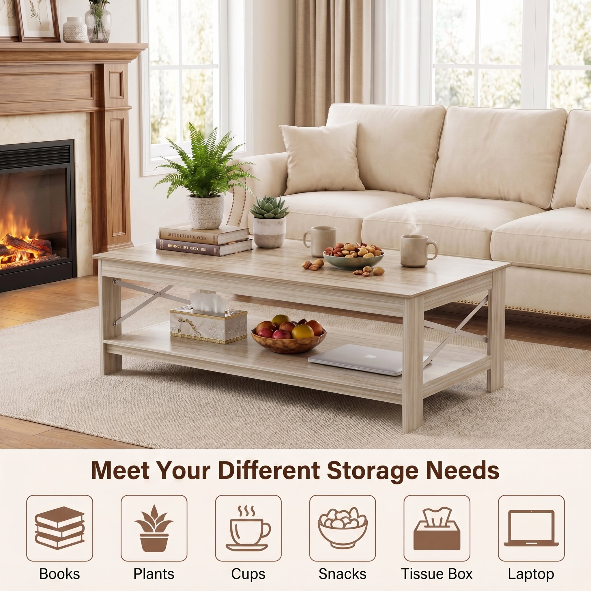 BEAUTYPEAK 40"x22" Coffee Table with Storage Shelves Rectangular Living Room Center Table, Beige