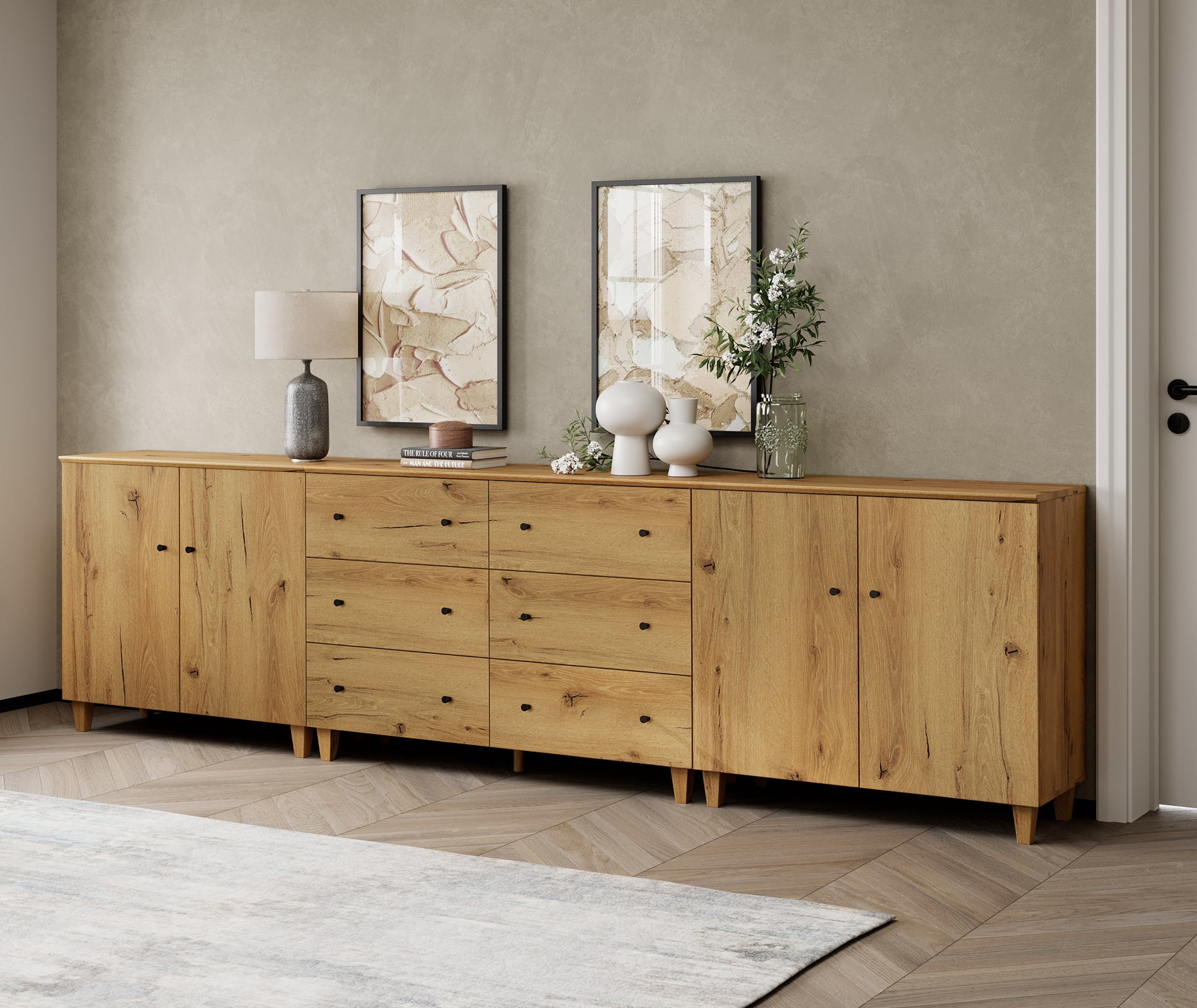 WAMPAT Wide TV Stand for 110+ Inches TVs, 3-in-1 Modern Wooden Media Console with 6 Spacious Drawers and 2 Storage Cabinets for Living Room, Oak Brown
