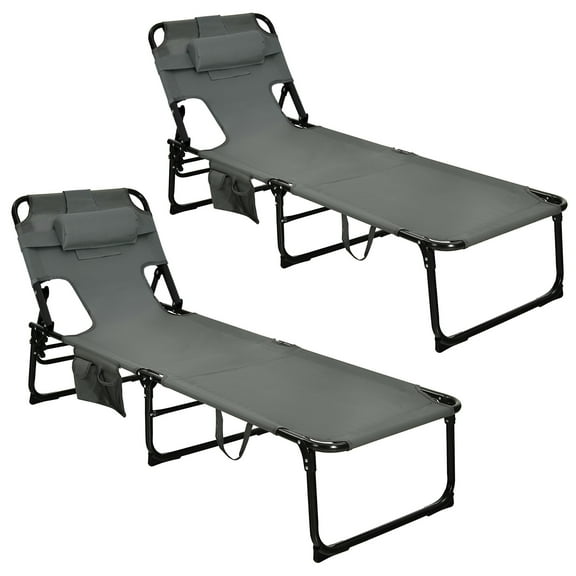 Gymax Set of 2 Beach Chaise Lounge Chair Folding Reclining Chair w/ Facing Hole Grey