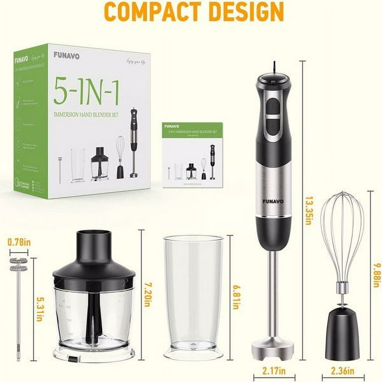 Keylitos 5-in-1 Immersion Hand Blender, Powerful 12-Speed Stick Blender  with 304 Stainless Steel Blades, Chopper, Beaker, Milk Frothing Attachment  and