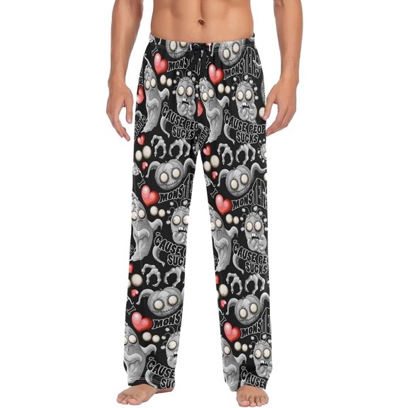 GZHJMY Pajama Pants for Men - Cute Grey Monsters, Loose Lightweight PJs Lounge Sleep Bottoms with Pockets Drawstring, Pajama Bottoms for Home and Rest, Small