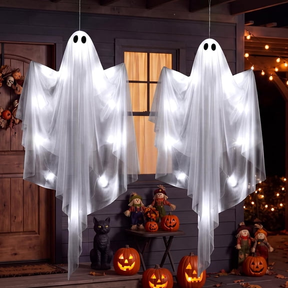 2 Pcs Halloween Ghost Decor with Blue LED Light, 47” Light up Hanging Ghost Halloween Yard Porch Decorations Outdoor