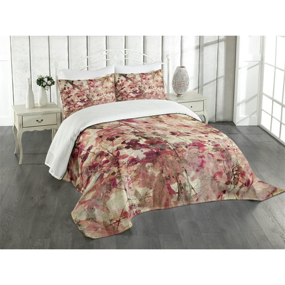 Ambesonne Retro Quilted Bedspread Set 3 Pcs, Cherry Blossoms Floral, King Size, Beige and Pink