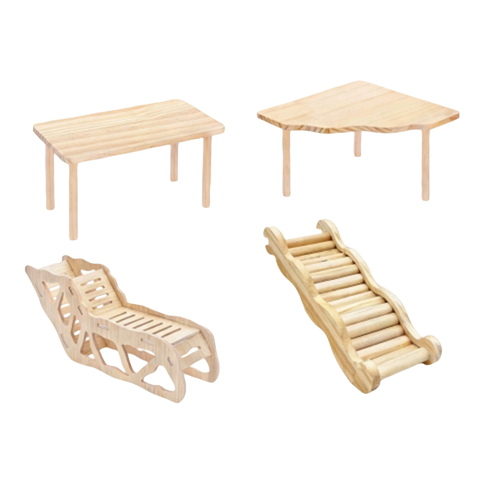 Hamster Wooden Platform Set Natural Untreated Wood 4 Piece Kit with Medium Table Small Fan Shaped Table Small Tunnel Large Wavy Ladder Suitable for Dwarf Hamsters Gerbils Small Pet Cage Decor and