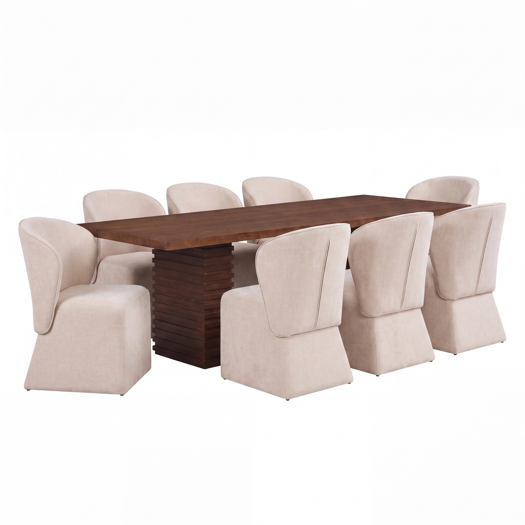 Christopher Knight Home 9-Piece Modern Dining Set, 95" Wood Table with Upholstered Chairs, Walnut+Beige