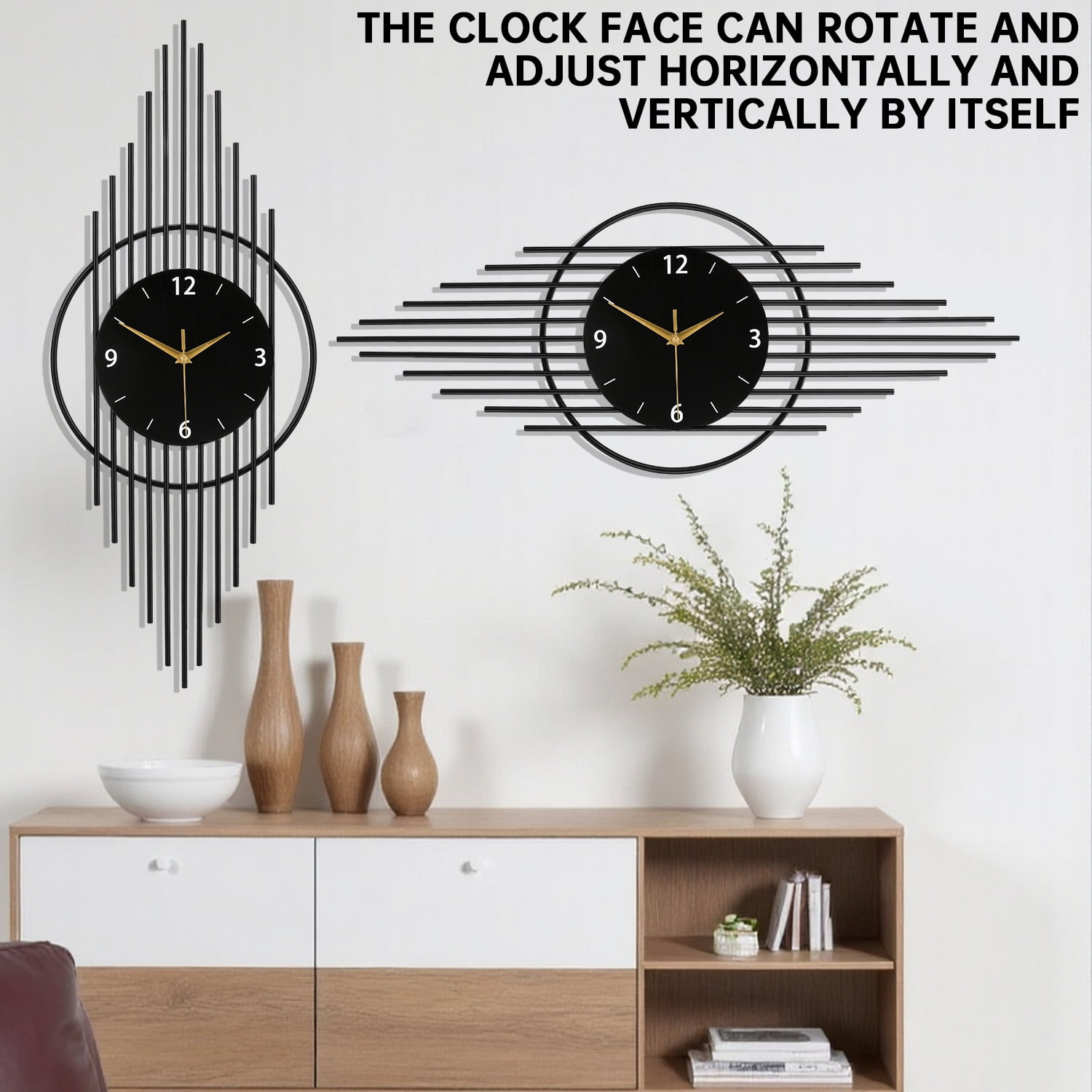 Modern Black Metal Wall Clock, Art Deco Style Large Decorative Clock for Living Room, Silent Non-Ticking Hanging Clock with Geometric Design, Unique Home Decor & Kitchen/Bedroom Wall Art