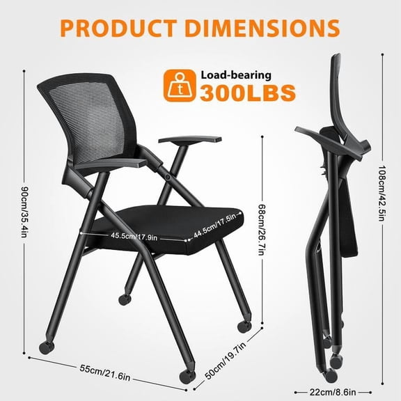 Folding Office Chair with PU Wheels and Ergonomic Mesh Backrest – Stackable Space-Saving Design, 300lbs Capacity, Ideal for Meeting Room, Guest, or Reception Use