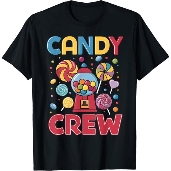 Retro Candy Crew Graphic Tee Colorful Sweet Treats Gumball Machine Apparel Funny Lollipop T-Shirt for Adults