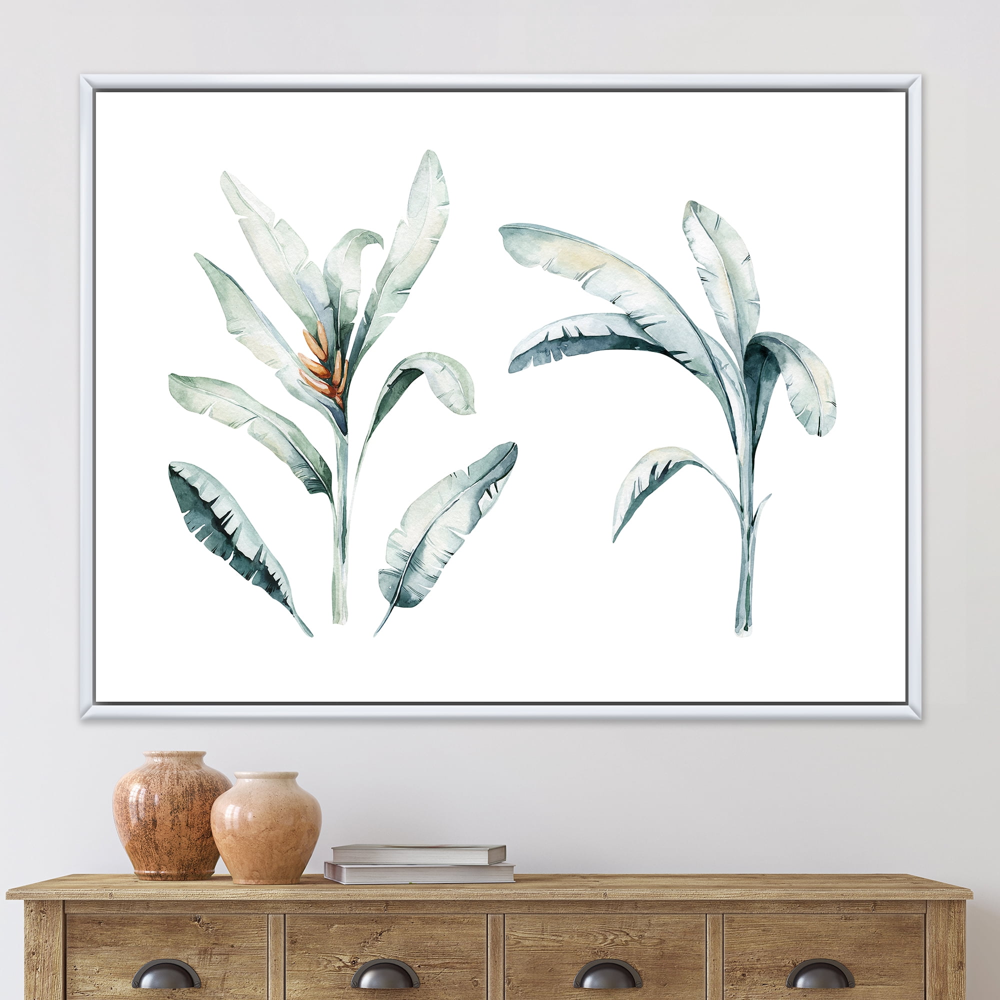 Tropical Jungle Leaves On White 32 in x 24 in Framed Painting Canvas Art Print, by Designart