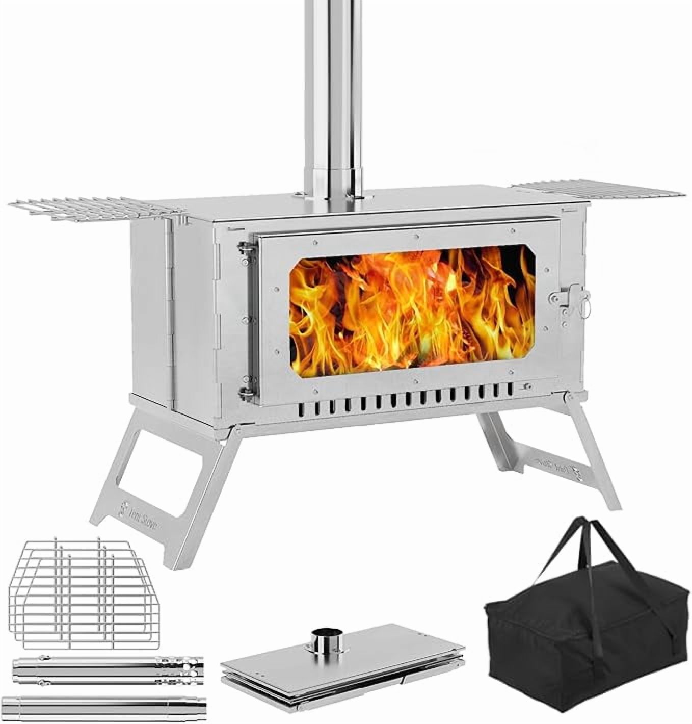 Riedhoff Wood Burning Hot Tent Stove, with Chimney and Grill, Camping Wood Stove, Silver