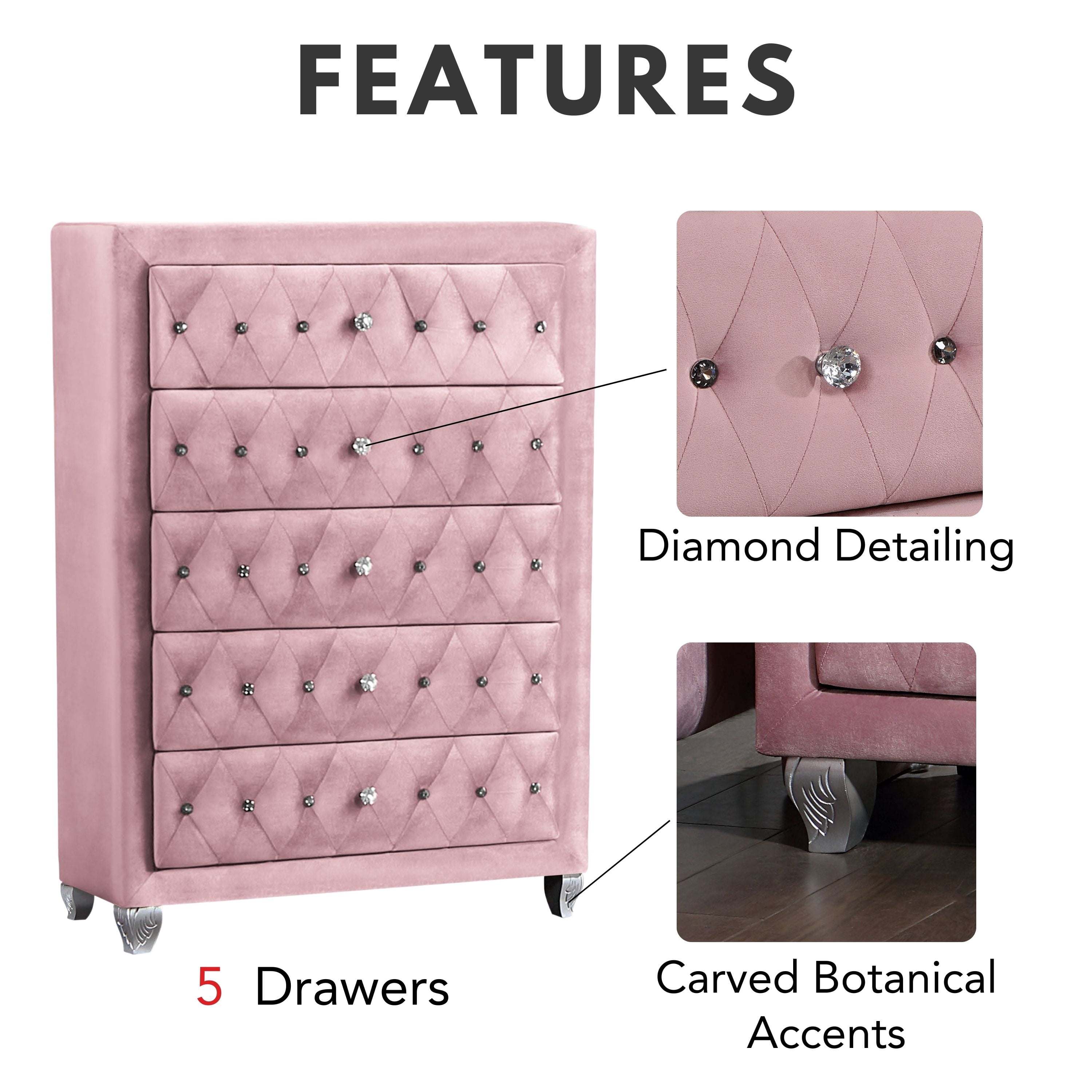 Furniture of America Breand Adult Glam 5-Drawer Vertical Dresser, Pink