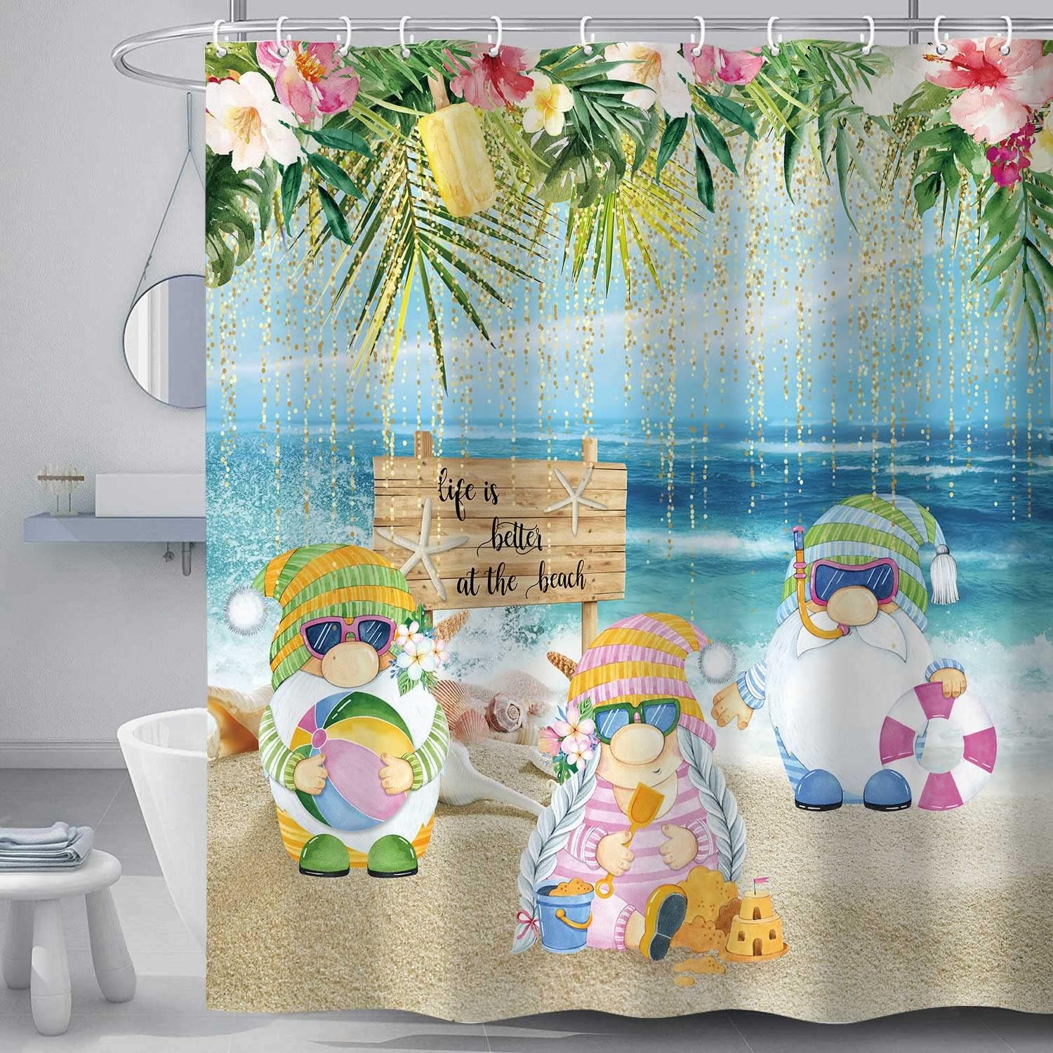 Cute Summer Gnomes Shower Curtain, Funny Beach Ocean Wooded Print Seaside Holiday Home Bathroom Curtain, Tropical Green Leaves and Flowers Decor Shower Curtains with Hooks 72x72Inch