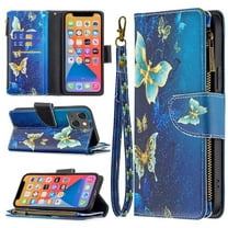 Dteck Case for Apple iPhone 13 mini 5.4-inch,Magnetic Patterned Leather Zipper Card Holder Wallet Flip Case Kickstand Shockproof with Hand Strap Cover ,Gold Butterfly