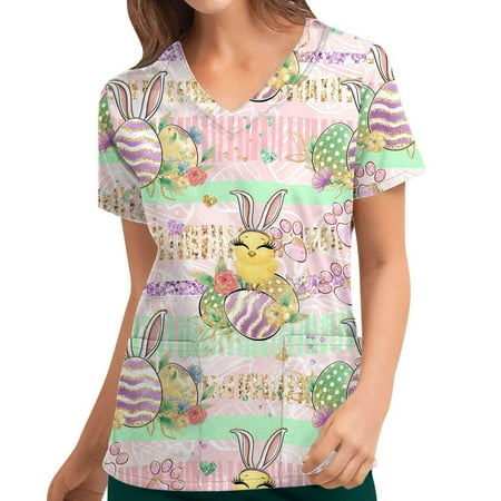 

Women Cartoon Animal Print Scrub Shirt Tops Short Sleeve V-Neck Pocket Working Uniform Medical Workwear
