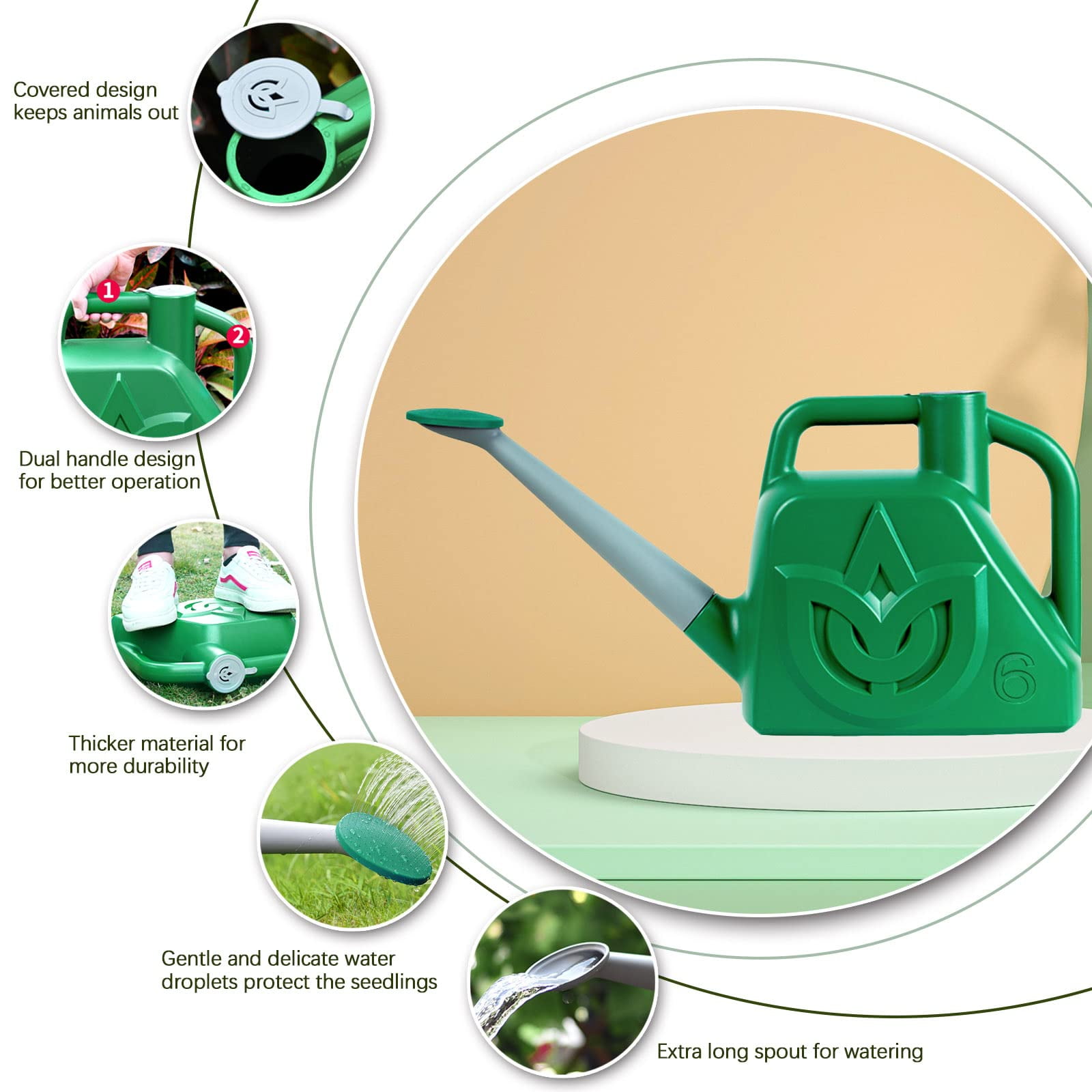 1.5 Gallon Green Watering Can Outdoor Garden Flower Plant, Lightweight 6 L Water Cans with Detachable Nozzle Watering Pot for Office House Garden
