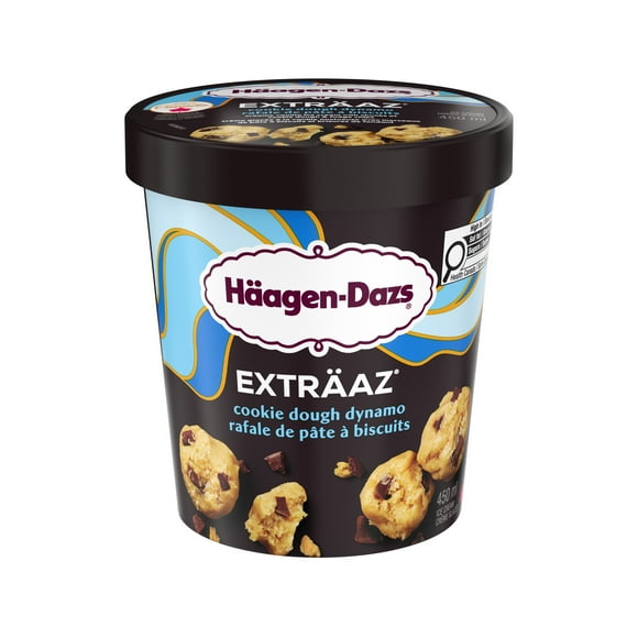 EXTRÄAZ Cookie Dough Dynamo, Vanilla Ice Cream, Chunks Of Chewy Cookie Dough, Fudge Chips, Canadian Dairy, No Artificial Colours or Flavours, 450 mL