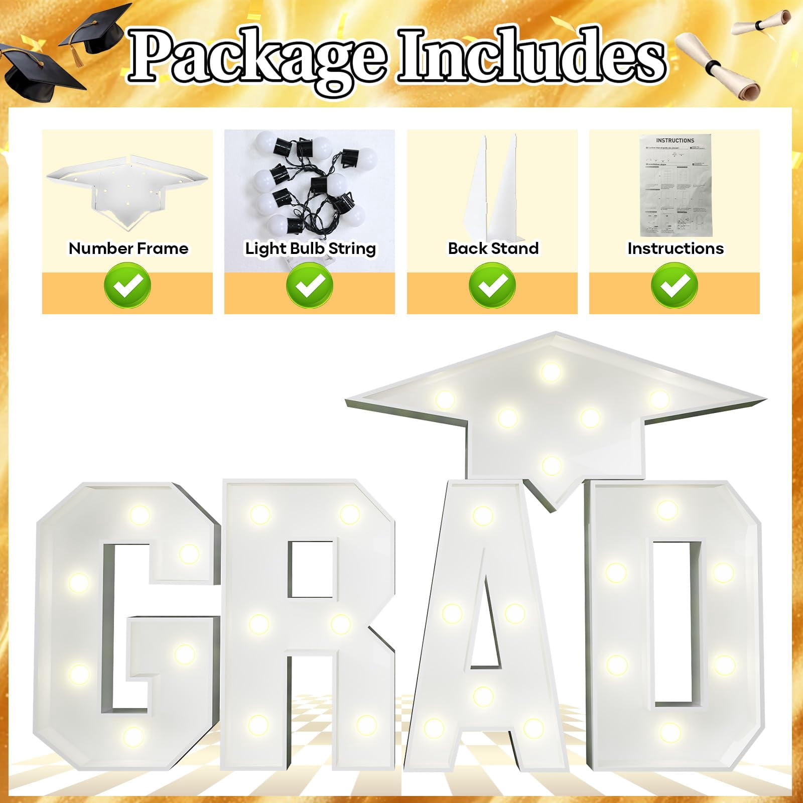 Grad Marquee Letters 3FT for 2026 Graduation Decorations, White Large Light Up Letters Graduation Cap Grad Letter with Lights for Class of 2026 Preschool High School College Grad Party