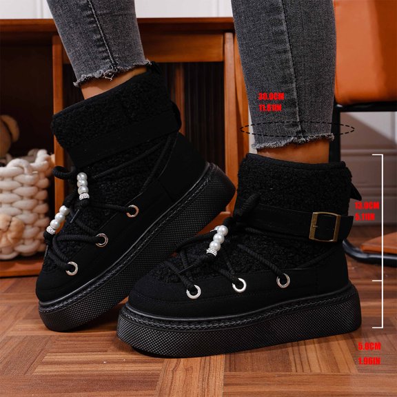 Willtoo Women’s Platform Ankle Snow Boots, Pearl Decor Thick Lace Up Buckle Strap Suede Short Booties, Warm Fuzzy Lined Non-Slip Chunky Sole Winter Fashion Boots