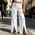 thumbnail image 3 of Bloomae Wide Leg Pants for Women Loose Flowy Palazzo Side Drawstring Pleated Elastic Waist Lounge Trousers Summer Beach Vacation High Slit Hem Pants with Pockets, 3 of 7