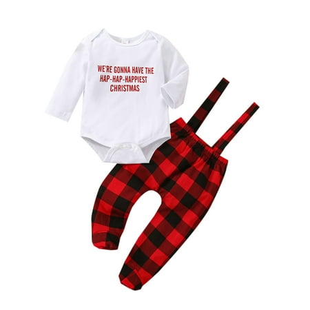 

IZhansean Infant Baby Girls Boys Christmas Outfits Letter Print Long Sleeve Romper + Plaids Suspender Bib Pants 2Pcs Set B 3-6 Months