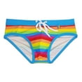 thumbnail image 5 of Men Drawstring Rainbow Stripe Printed Fitted Beach Swim Briefs Male Beachwear Classic Swimwear Bottoms, 5 of 9