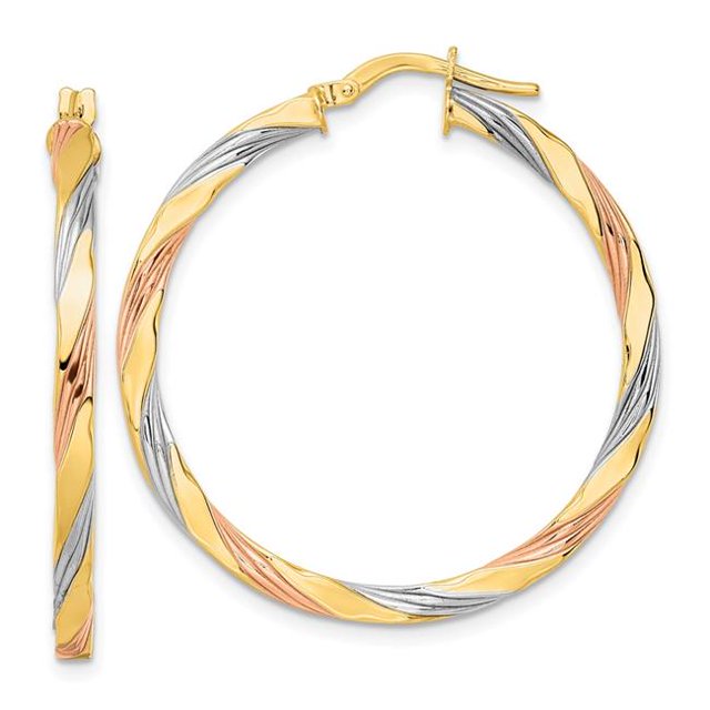 Quality Gold TF2101 14K Yellow & Rhodium with Rose & White Rhodium Polished Twisted Hoop Earrings