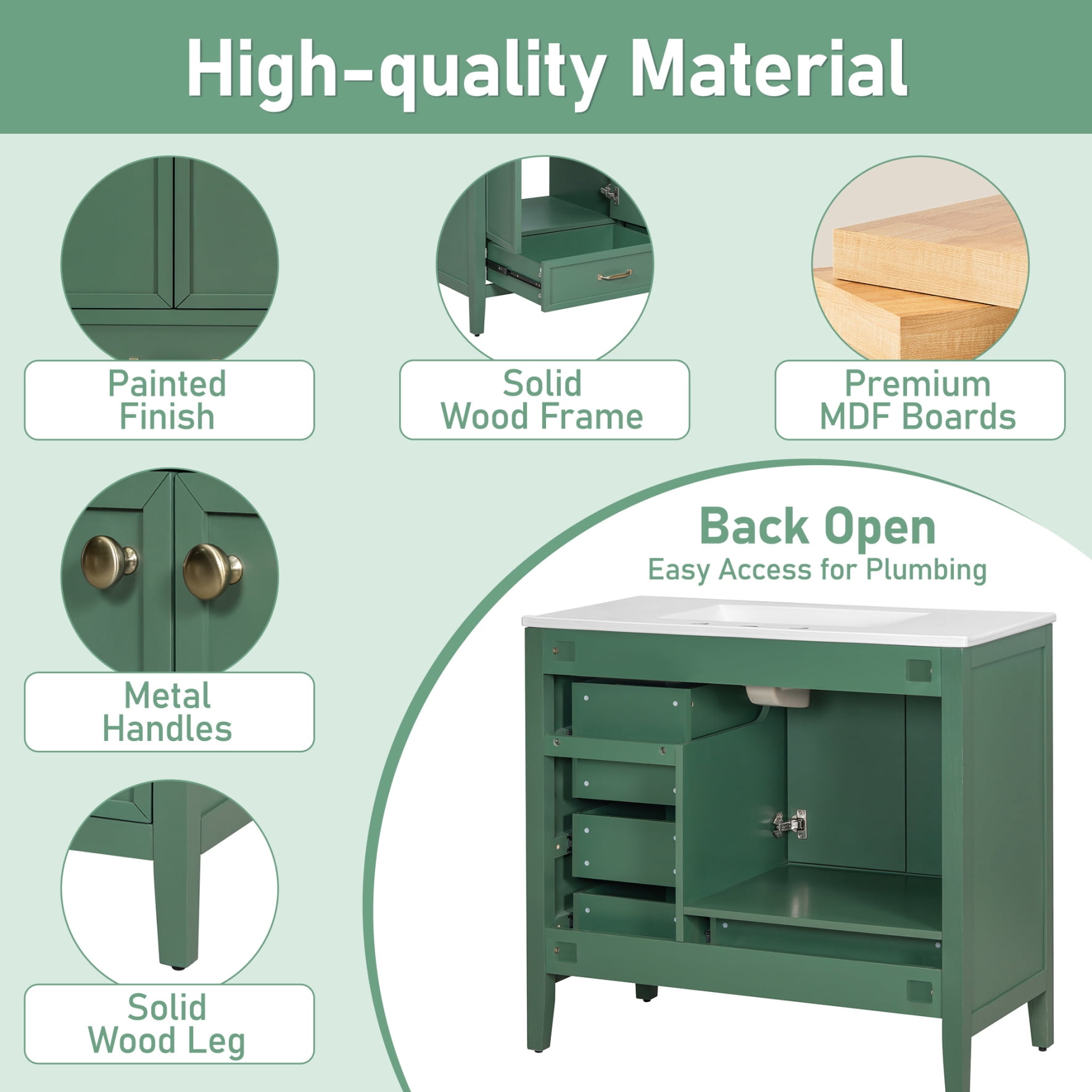 36" Bathroom Vanity with Sink Combo, Freestanding Bathroom Storage Cabinet with 4 Drawers and 2 Soft Closing Doors, Solid Wood Frame, Green