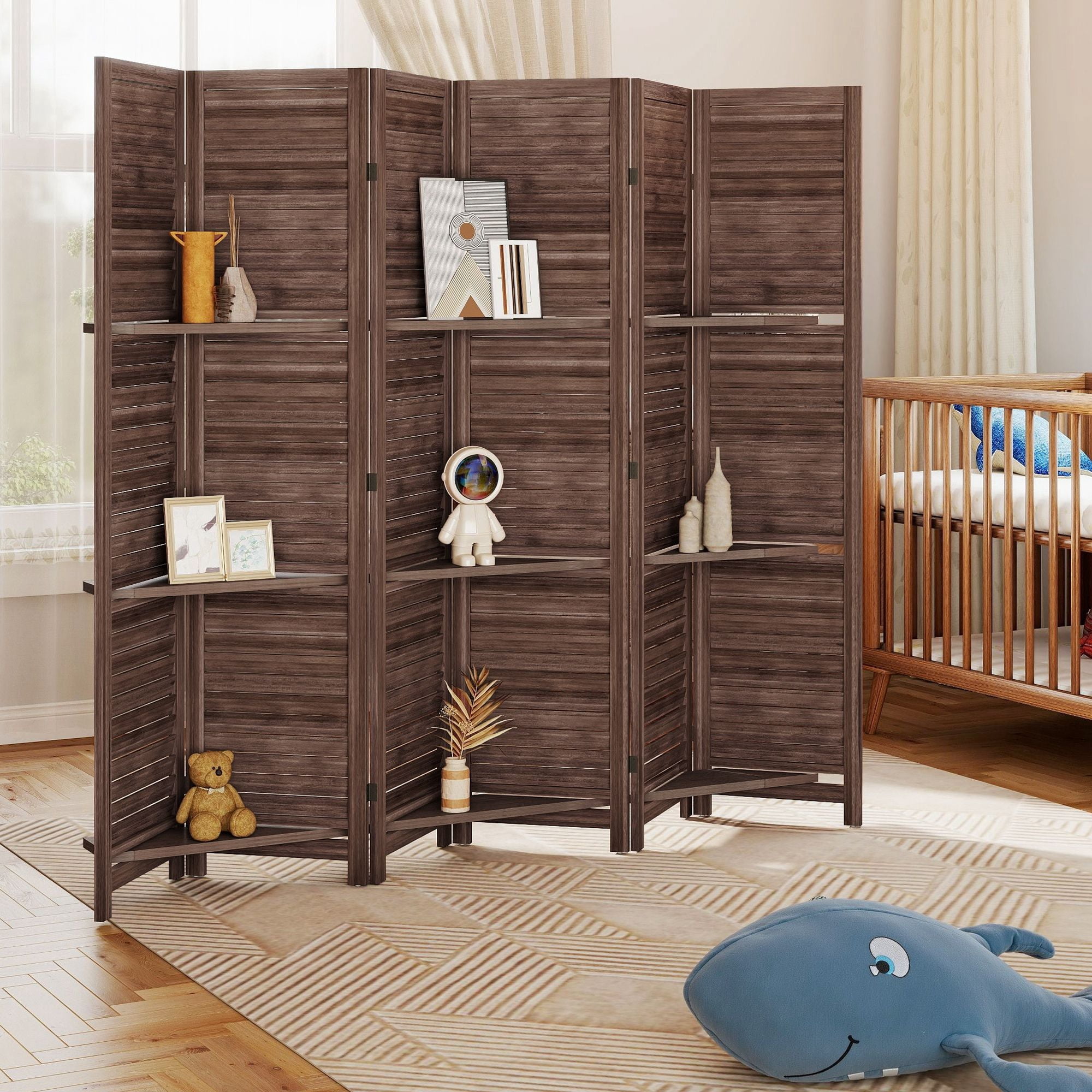 Alvantor 6 Panel Freestanding Room Divider in Walnut with Storage Shelves, 67 Inch Wood Privacy Screen